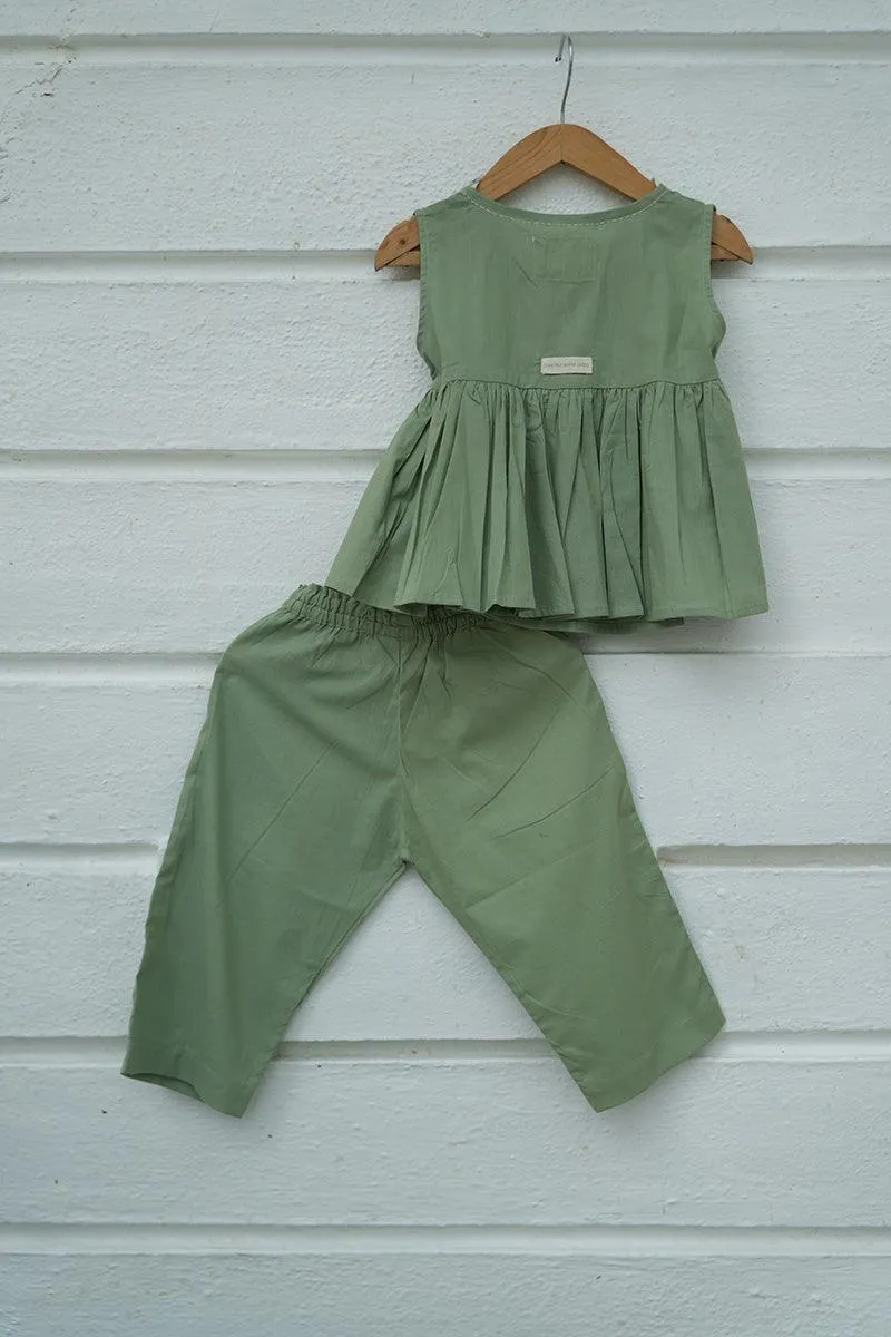 Set of 2 - 'Pista Barfi’ girls wrap top and pant coord set in green
