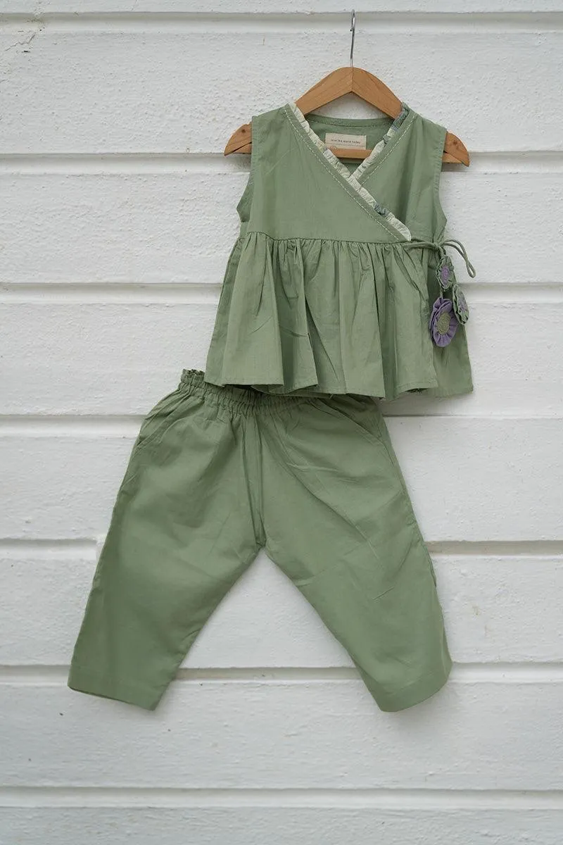 Set of 2 - 'Pista Barfi’ girls wrap top and pant coord set in green