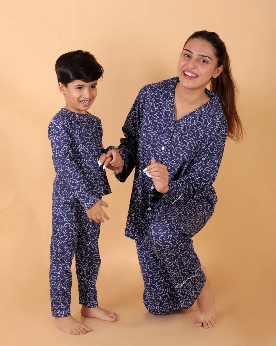 Set Of 3: Dinos Rule Matching Pajama Set For Mom And Baby