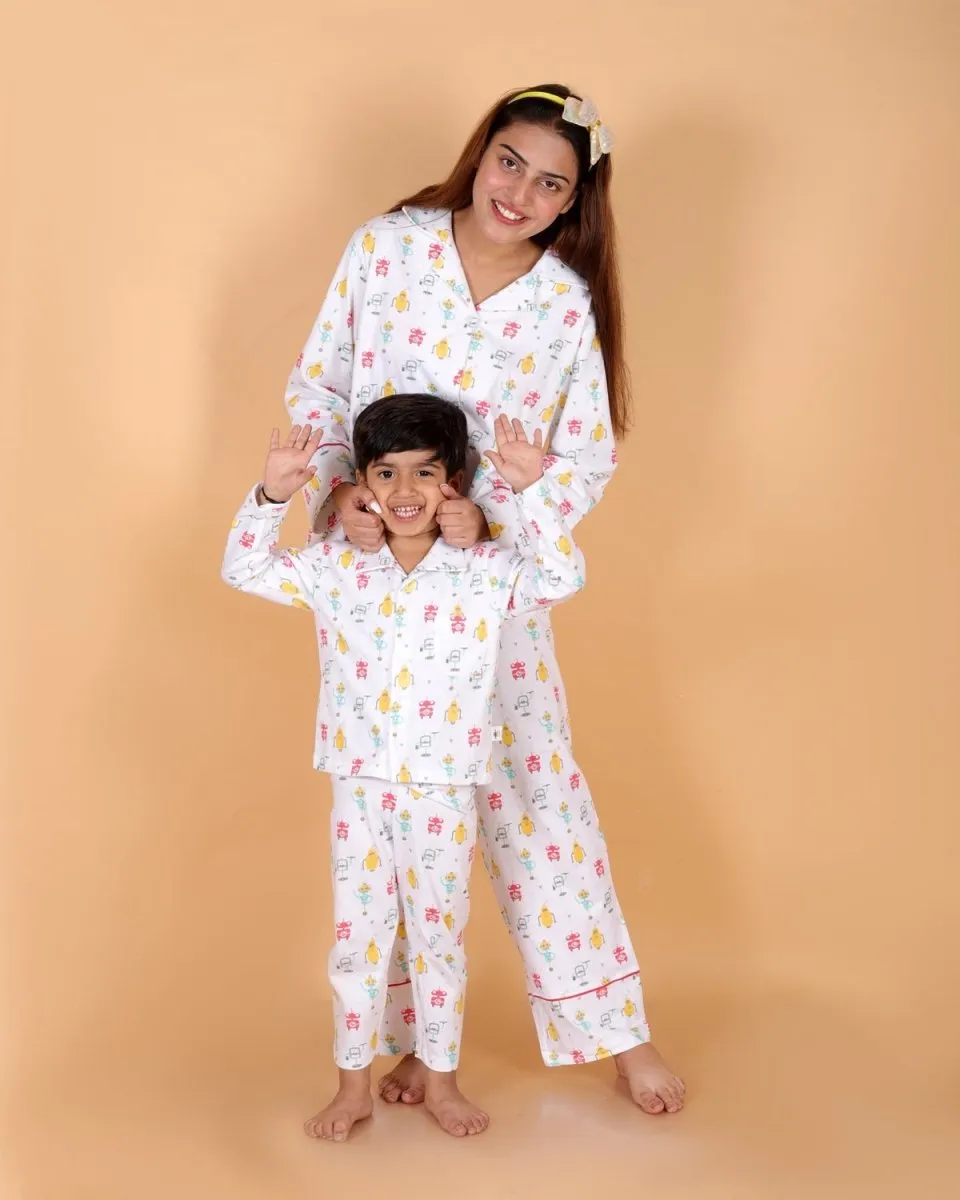Set Of 3: Robo Club Matching Pajama Set For Mom And Baby