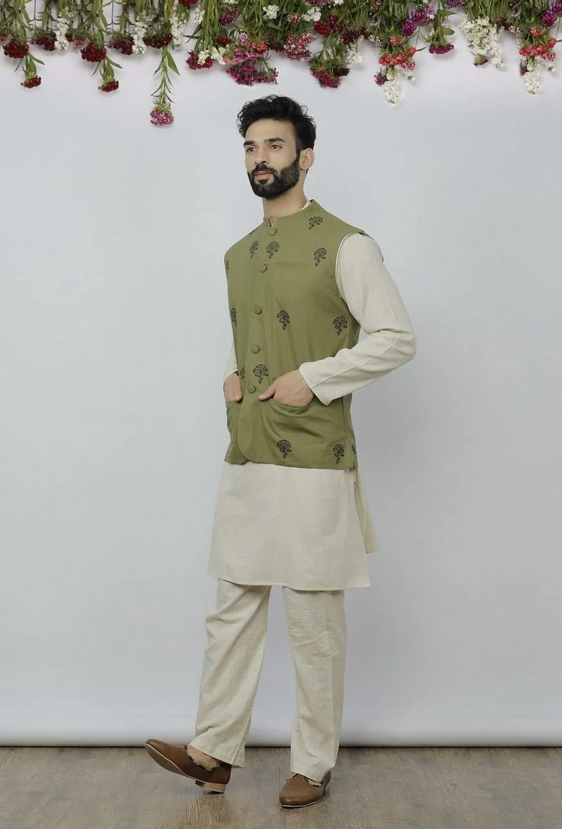 Set of 3 - Safeda Cotton Kurta & Pyjama with Olive Green Nehru Jacket