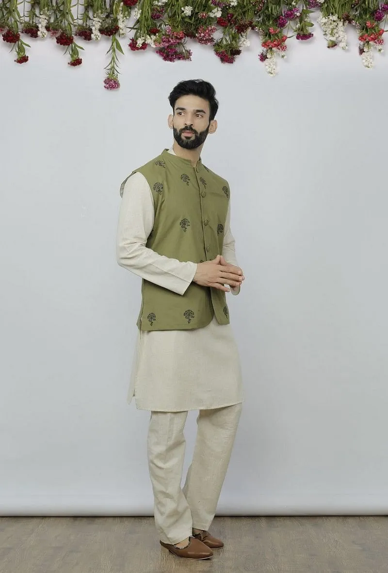 Set of 3 - Safeda Cotton Kurta & Pyjama with Olive Green Nehru Jacket