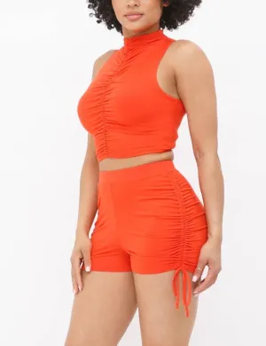 Shirring Sleeveless  Top and Side Shirring String Shorts Set