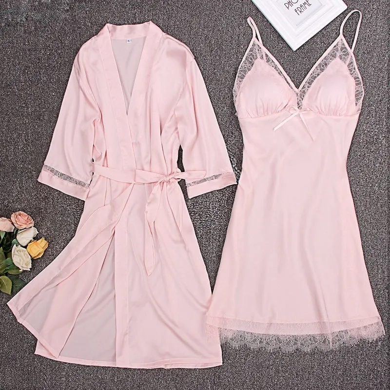 Silk Nightgown Women 2 Pieces Lace Camisole Robe Dress