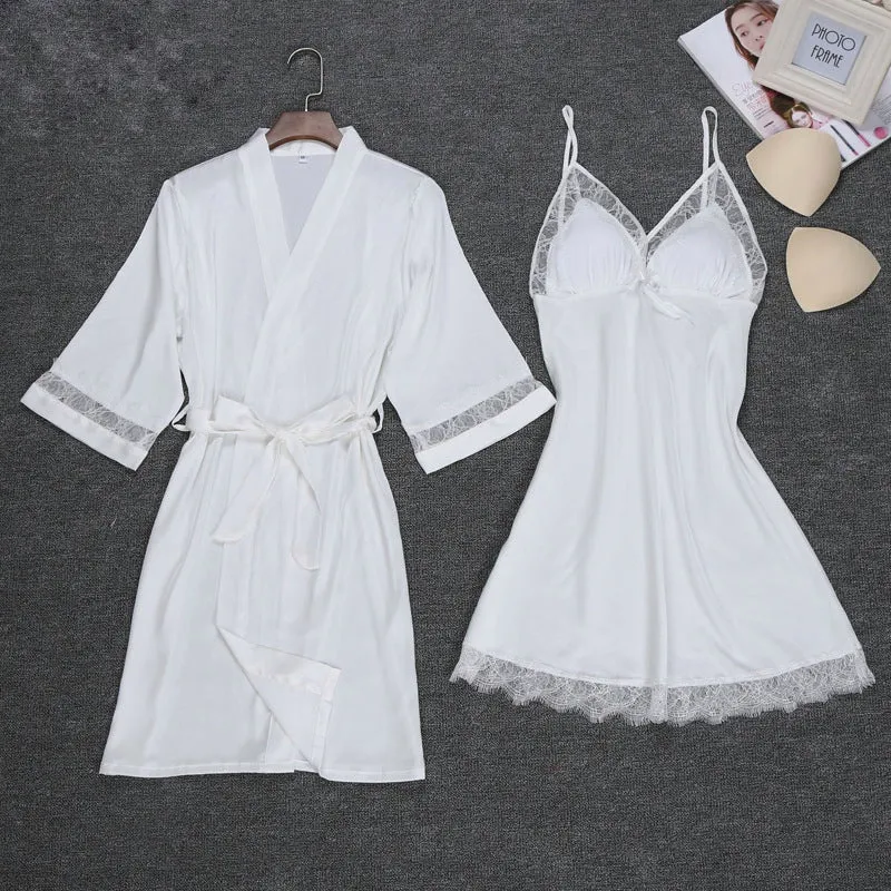 Silk Nightgown Women 2 Pieces Lace Camisole Robe Dress
