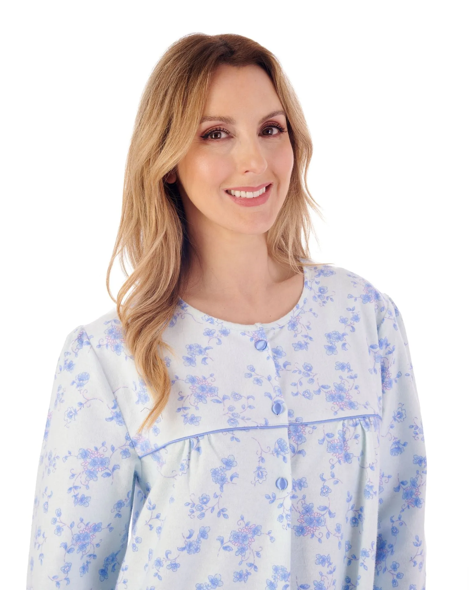 Slenderella Long Length Long Sleeve Nightdress with Round Neck in Winceyette Brushed Cotton