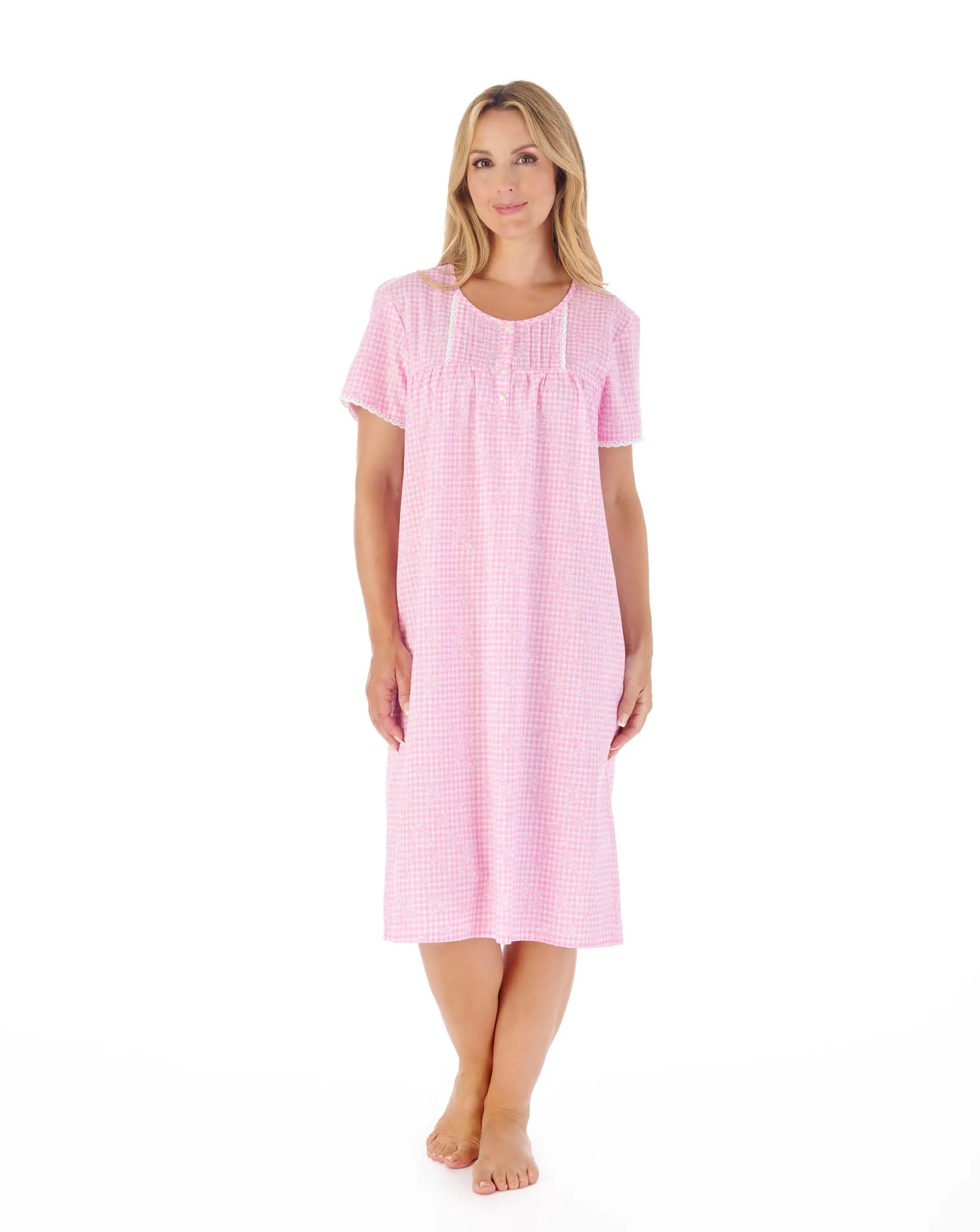 Slenderella Short Sleeve 42" Floral Gingham Print Nightdress ND03212
