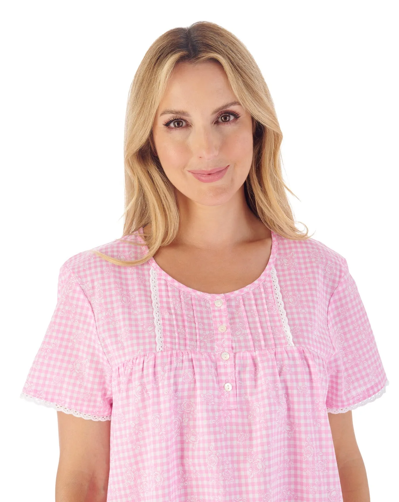 Slenderella Short Sleeve 42" Floral Gingham Print Nightdress ND03212