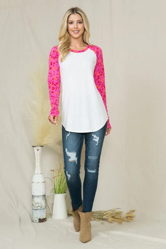 Solid Leopard Contrast Long Sleeve Top