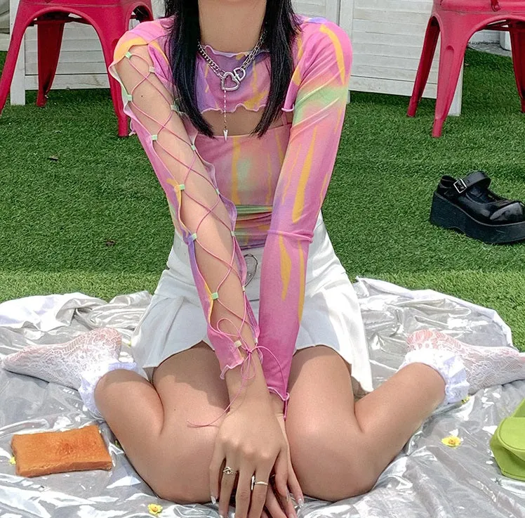 Strap Trendy Colorful Gradient T-shirt Two Piece Set