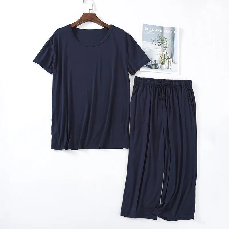 Summer Men's Pajamas Set Solid Color Breathable Modal Viscose Sleepwear Short Sleeve Homewear Simple Casual Suit Male