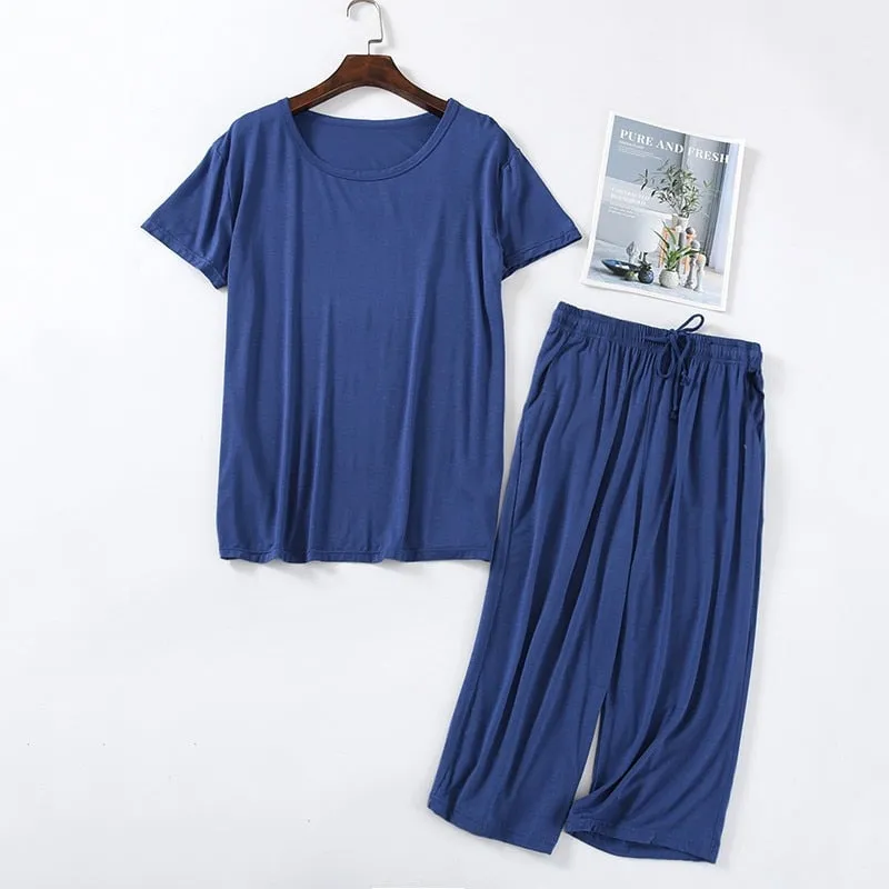 Summer Men's Pajamas Set Solid Color Breathable Modal Viscose Sleepwear Short Sleeve Homewear Simple Casual Suit Male
