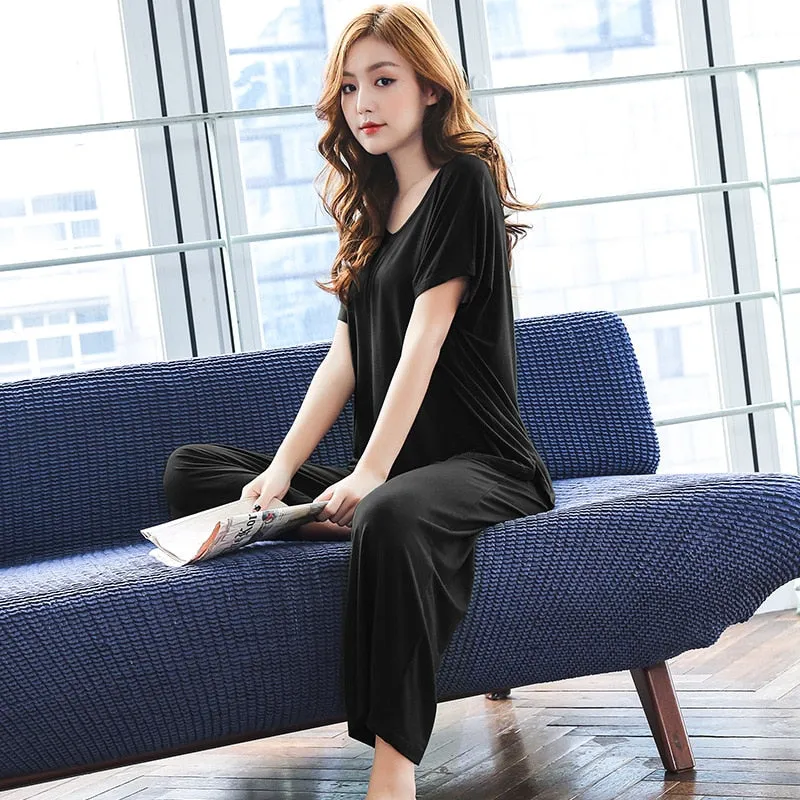 Summer Women's Pajamas Set Simple Solid Color Modal Sleepwear V Neck Soft Nightwear Viscose Home Clothes Suit Pijamas
