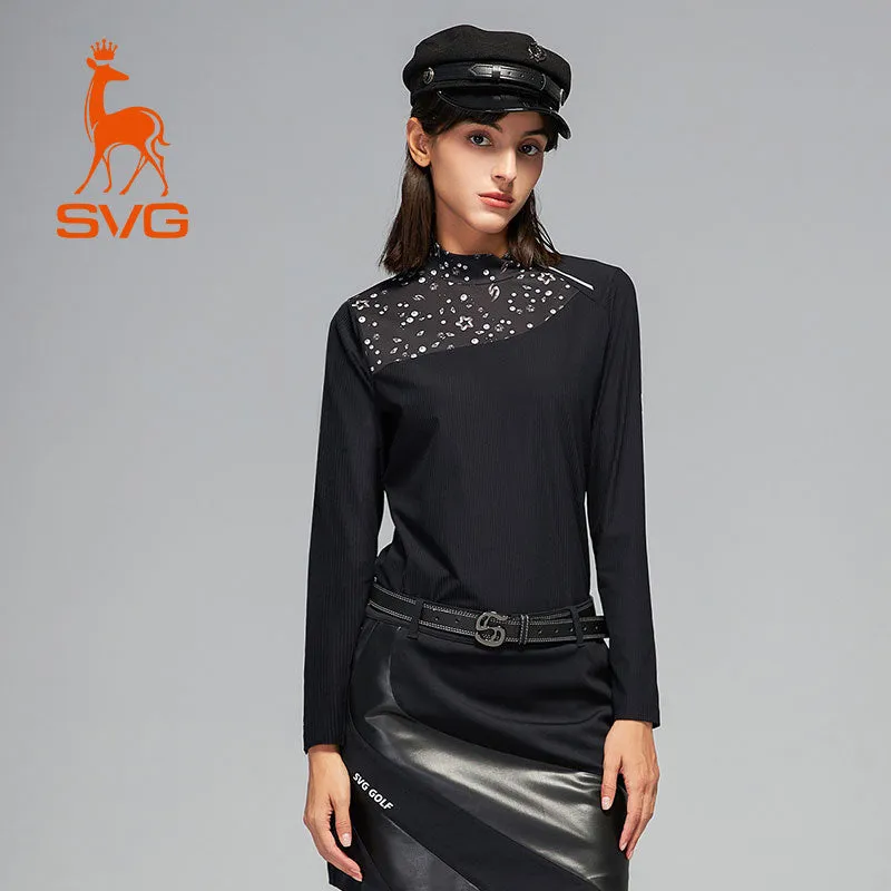 SVG Women's Black Patchwork Print Long-sleeved T-shirt Stand Collar