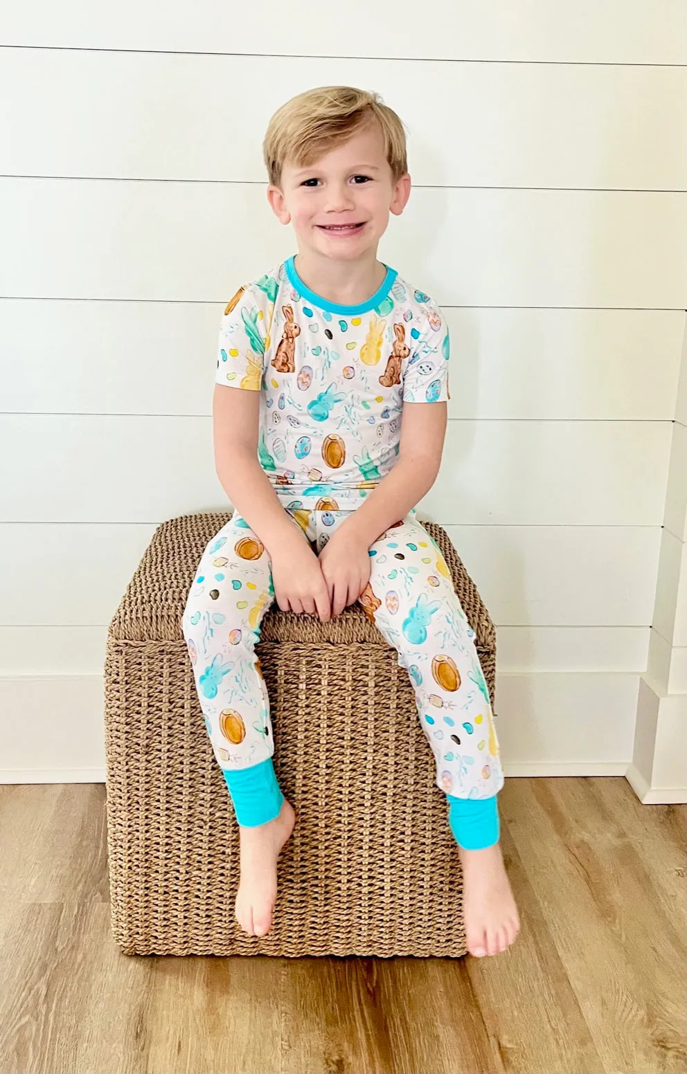 Sweet Bay Clothing Short Sleeve Bamboo PJ Set - Easter Candy White & Blue