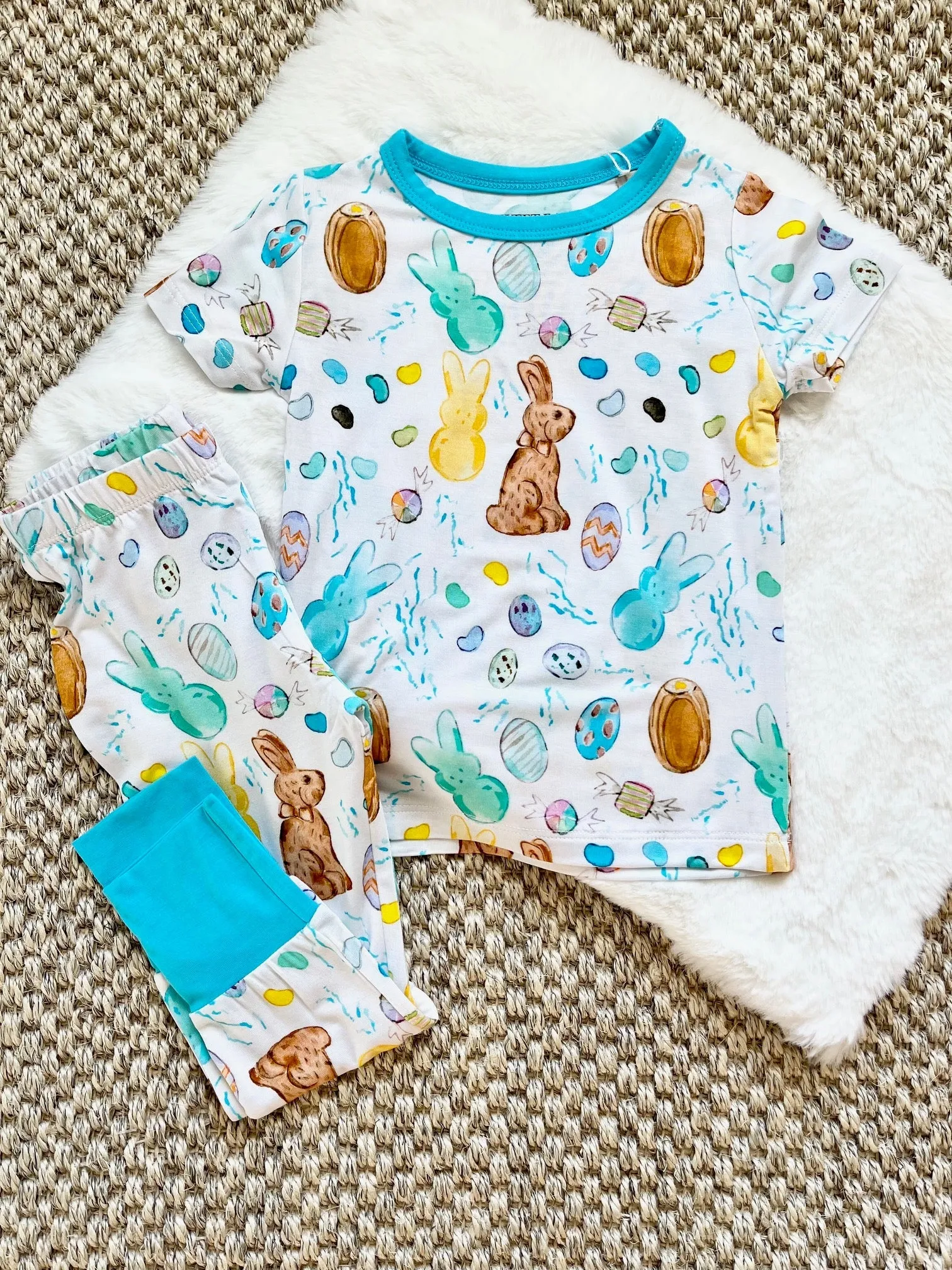 Sweet Bay Clothing Short Sleeve Bamboo PJ Set - Easter Candy White & Blue