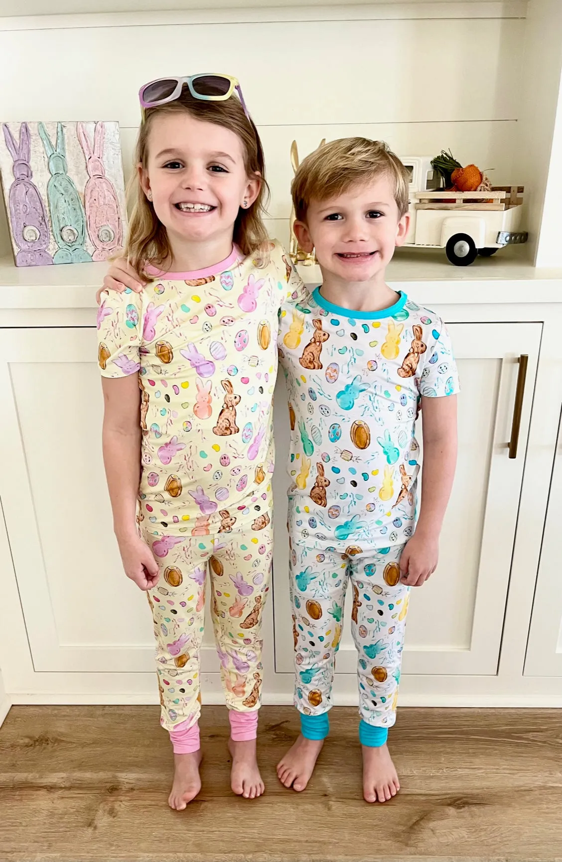 Sweet Bay Clothing Short Sleeve Bamboo PJ Set - Easter Candy White & Blue