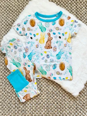 Sweet Bay Clothing Short Sleeve Bamboo PJ Set - Easter Candy White & Blue
