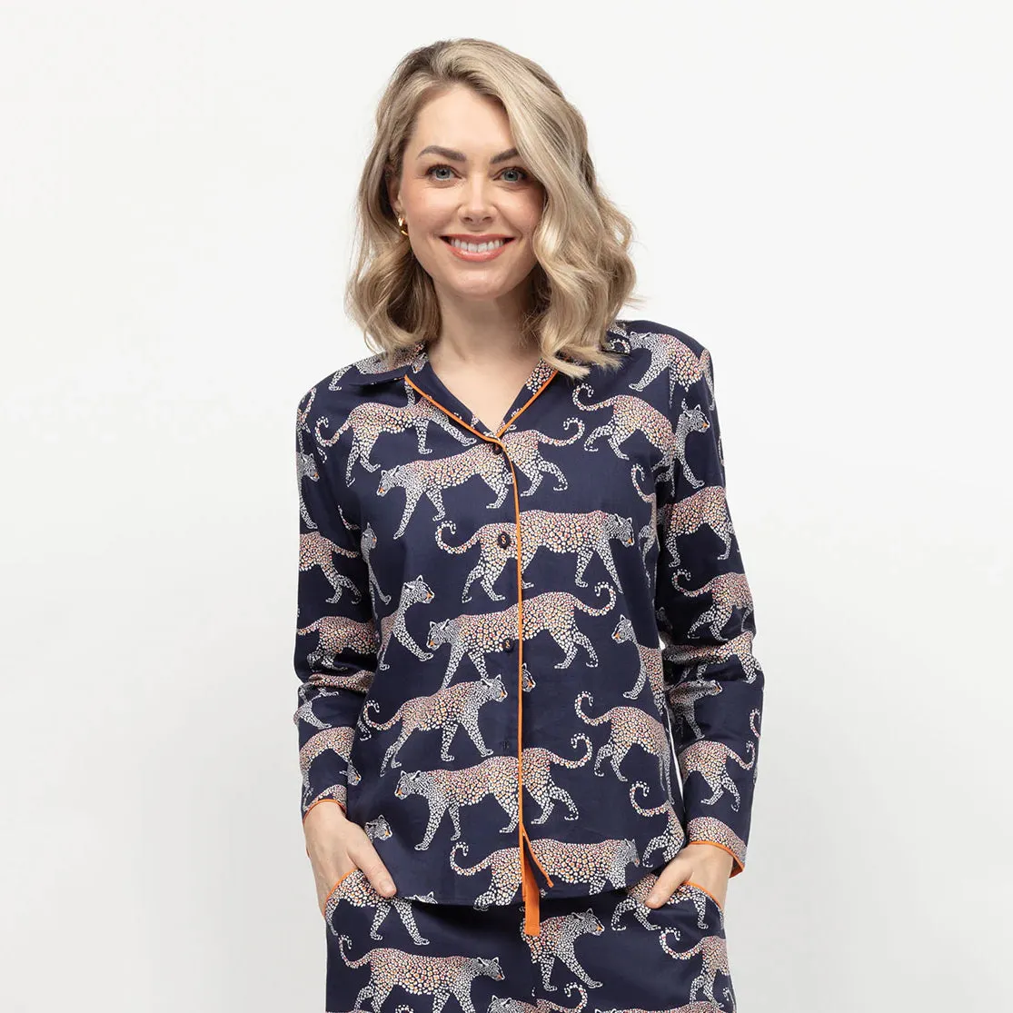 Taylor Navy Leopard Print Long Sleeve Pyjama Top