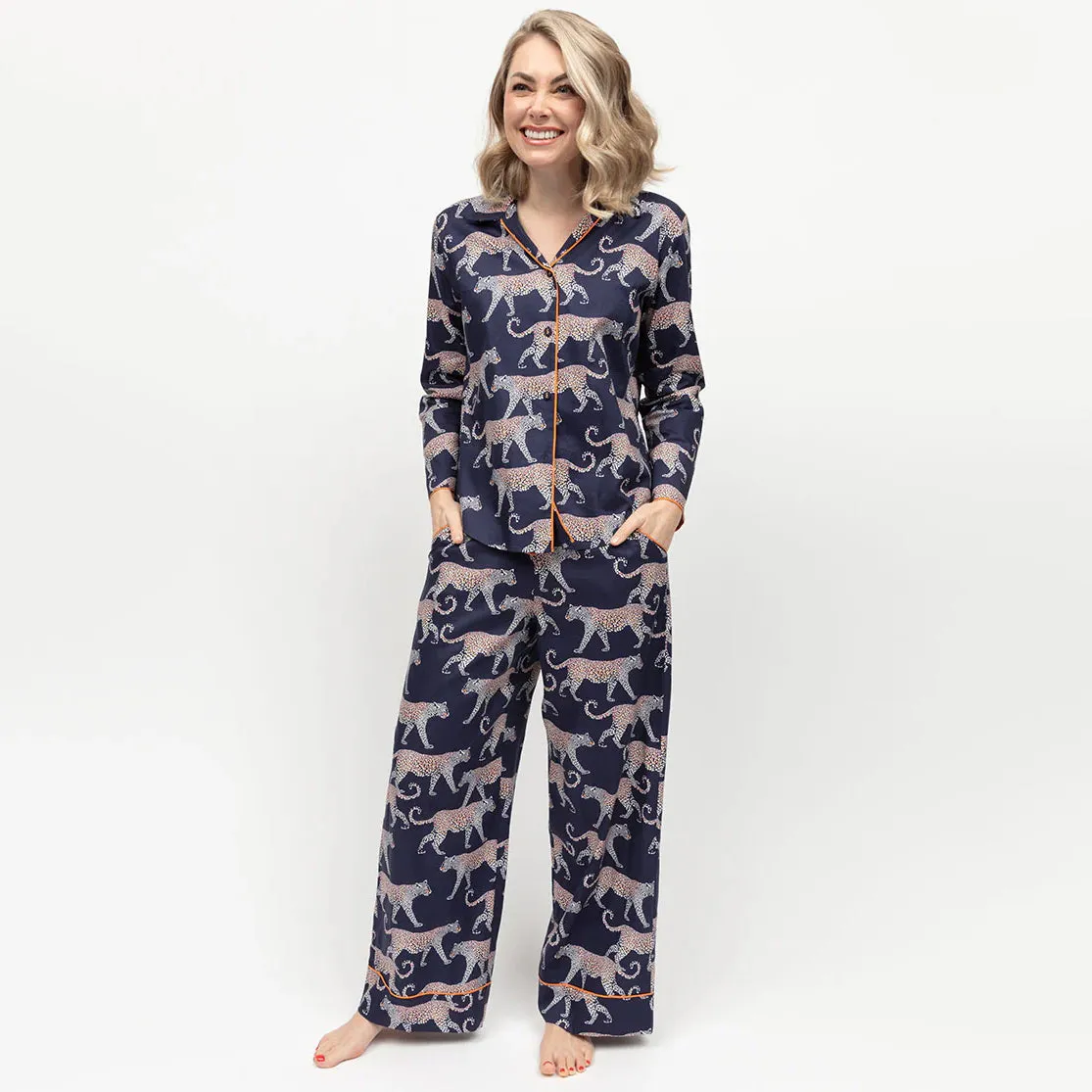 Taylor Navy Leopard Print Long Sleeve Pyjama Top