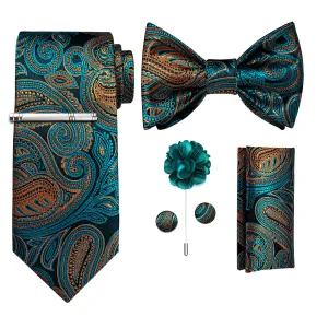 Teal Orange Paisley  Bowtie Necktie  Hanky Cufflinks Brooch Clip Set