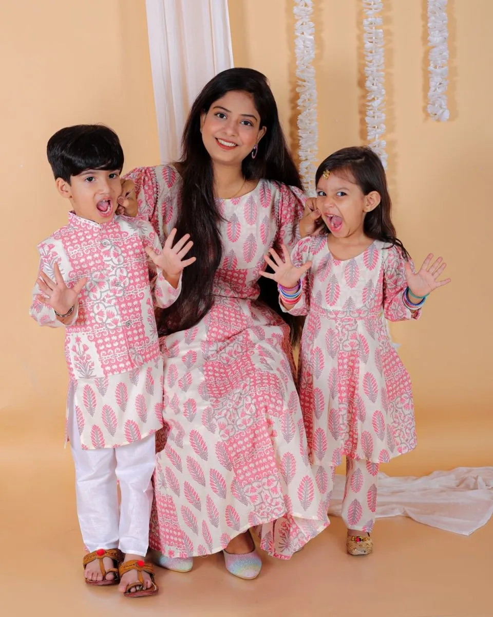 Twinning Combo-Gulaal Floral Print Anarkali Kurta Set With Boys Jacket Kurta Pajama Set