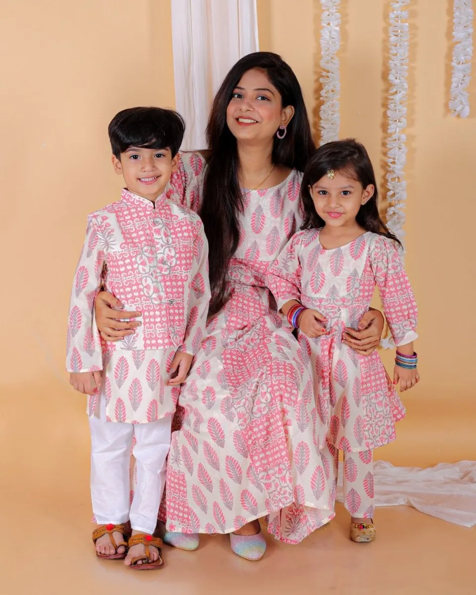 Twinning Combo-Gulaal Floral Print Anarkali Kurta Set With Boys Jacket Kurta Pajama Set
