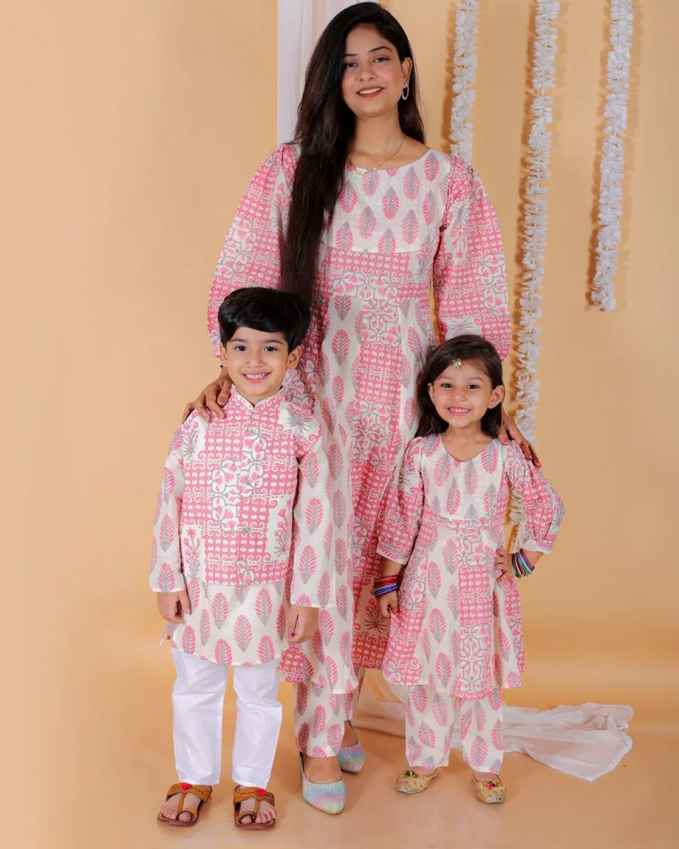 Twinning Combo-Gulaal Floral Print Anarkali Kurta Set With Boys Jacket Kurta Pajama Set