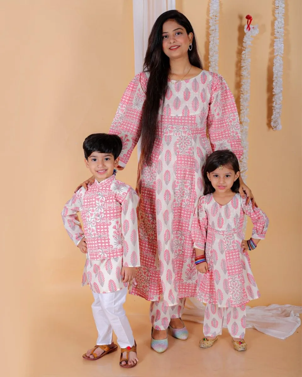 Twinning Combo-Gulaal Floral Print Anarkali Kurta Set With Boys Jacket Kurta Pajama Set