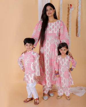 Twinning Combo-Gulaal Floral Print Anarkali Kurta Set With Boys Jacket Kurta Pajama Set