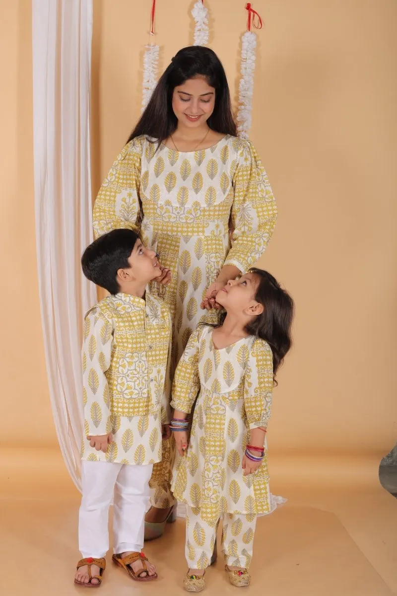Twinning Combo-Madhupeela Floral Print Anarkali Kurta Set With Boys Jacket Kurta Pajama Set