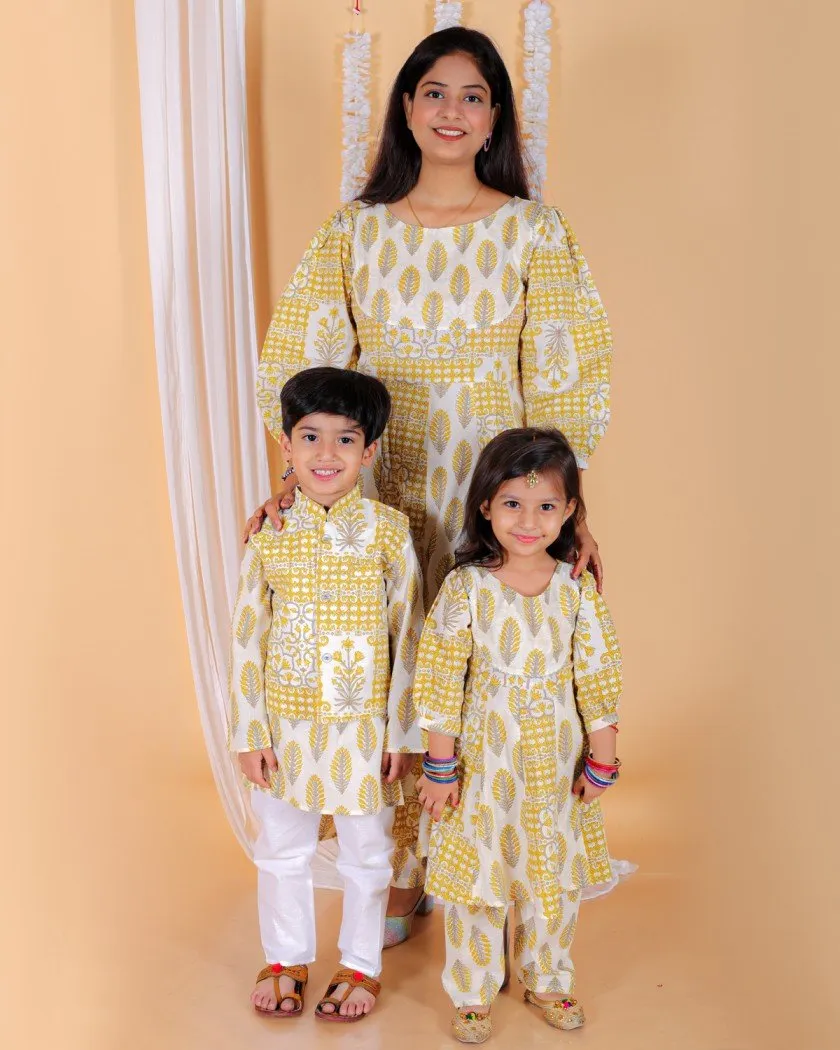 Twinning Combo-Madhupeela Floral Print Anarkali Kurta Set With Boys Jacket Kurta Pajama Set