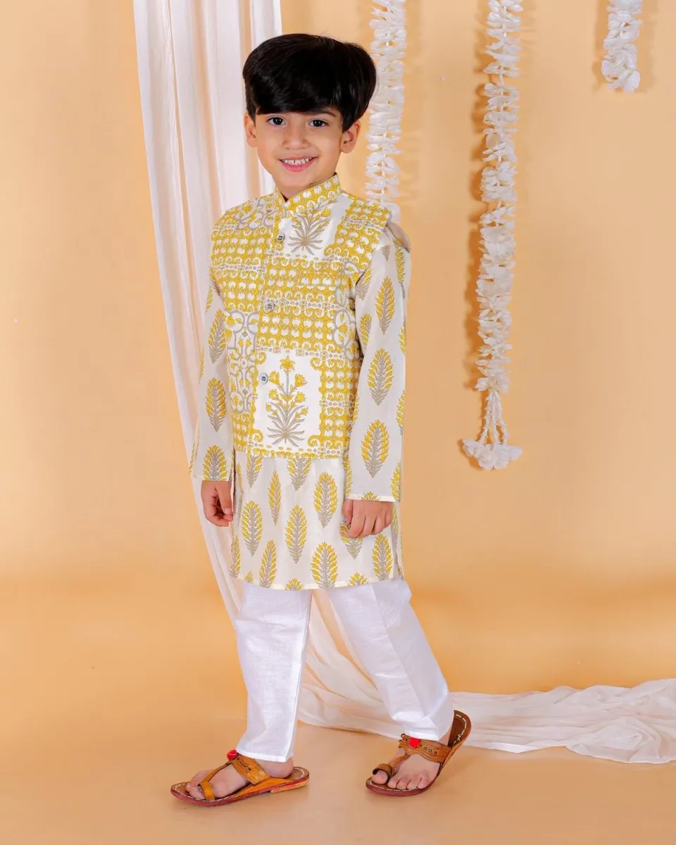 Twinning Combo-Madhupeela Floral Print Anarkali Kurta Set With Boys Jacket Kurta Pajama Set
