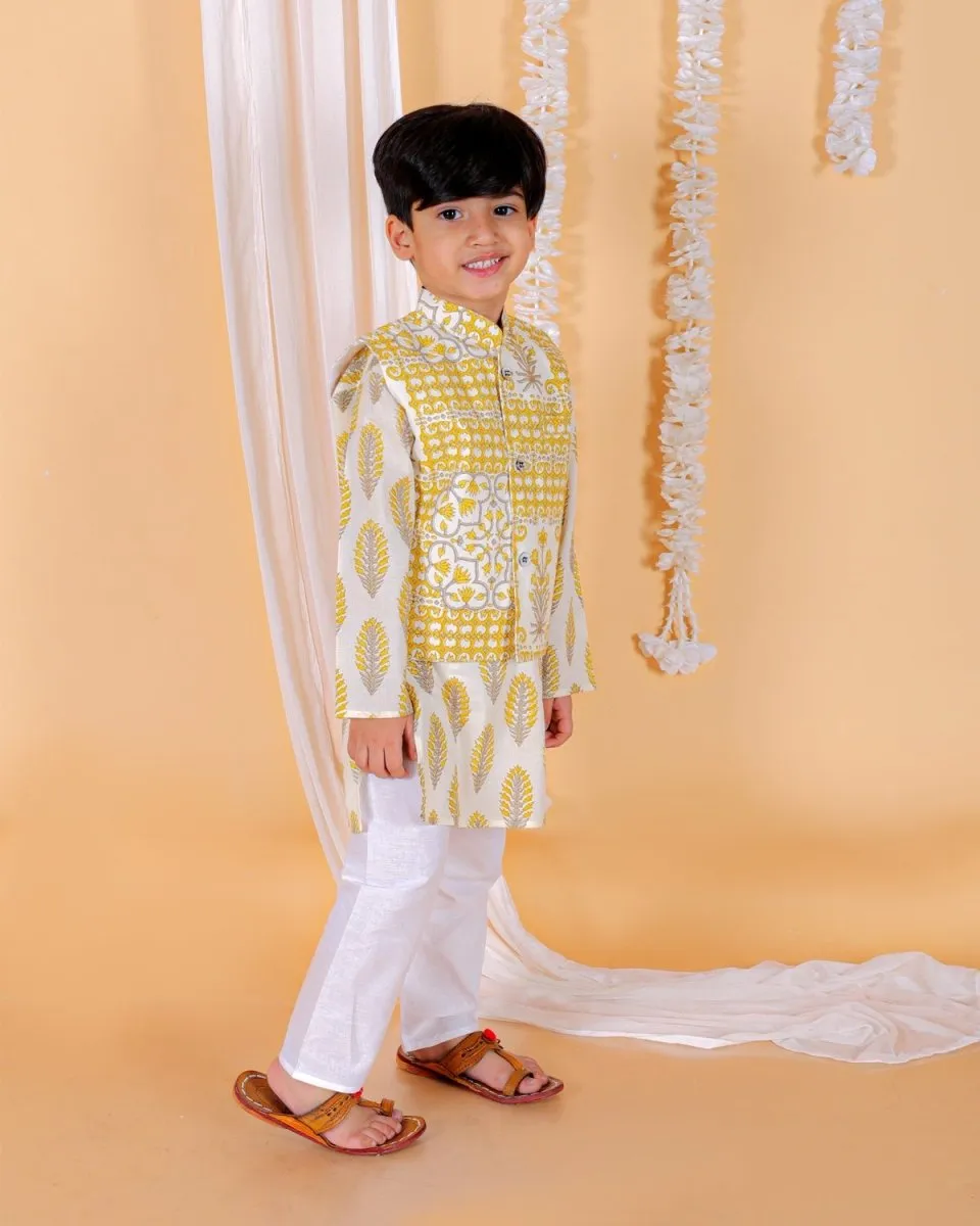 Twinning Combo-Madhupeela Floral Print Anarkali Kurta Set With Boys Jacket Kurta Pajama Set