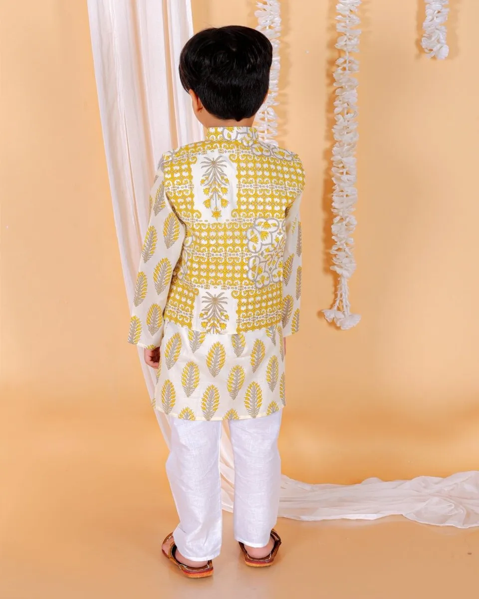 Twinning Combo-Madhupeela Floral Print Anarkali Kurta Set With Boys Jacket Kurta Pajama Set