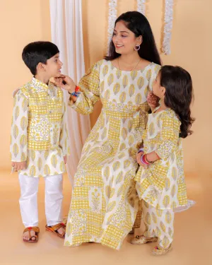 Twinning Combo-Madhupeela Floral Print Anarkali Kurta Set With Boys Jacket Kurta Pajama Set