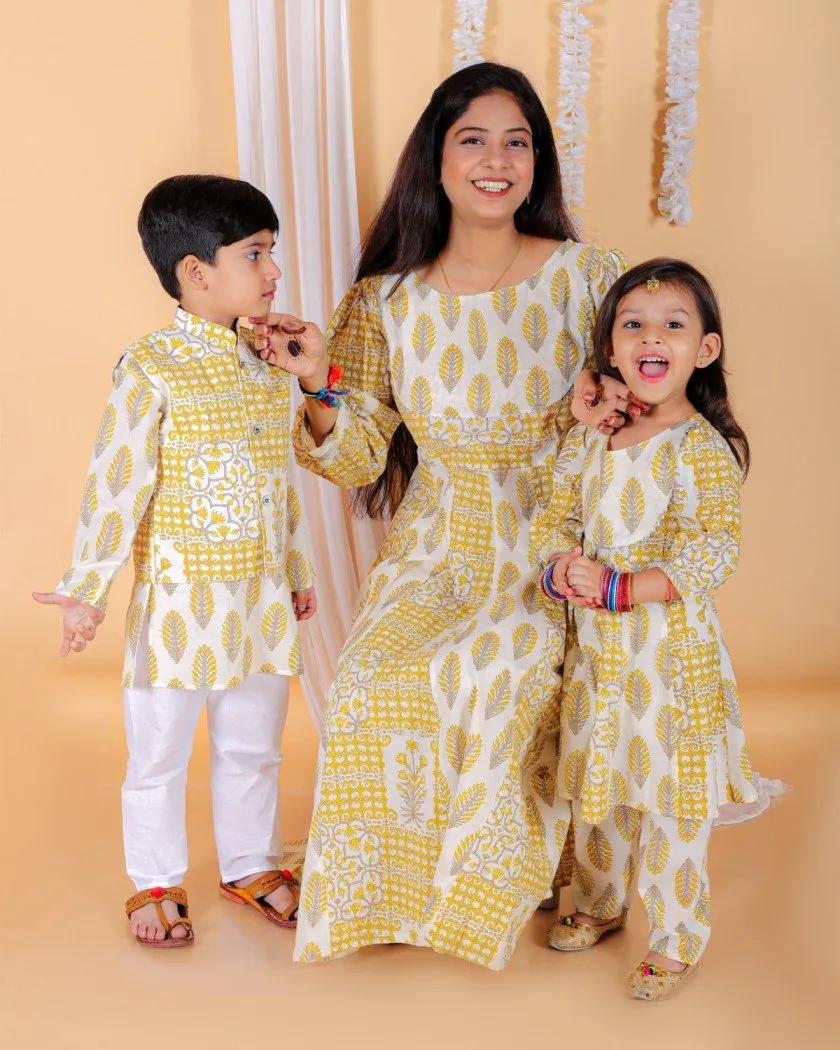 Twinning Combo-Madhupeela Floral Print Anarkali Kurta Set With Boys Jacket Kurta Pajama Set