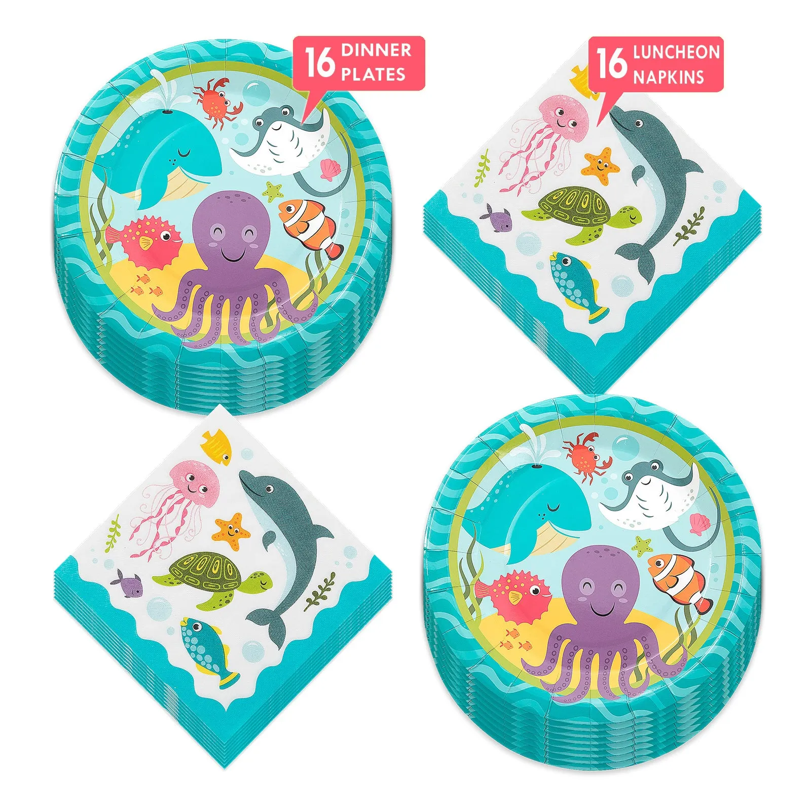 Under the Sea Ocean Party Paper Dinner Plates and Luncheon Napkins (Serves 16)