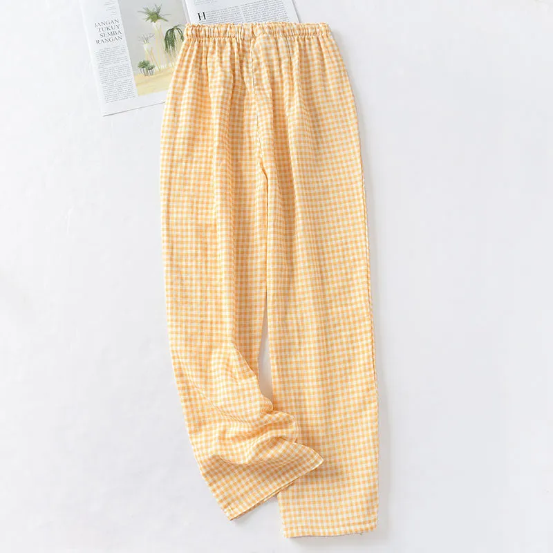 VenusFox Summer/Autumn Couples Plaid Pants Women/Men Sleepwear Cotton Double Gauze Thin Sleep Bottoms Casual Women's Pajamas Home Clothes