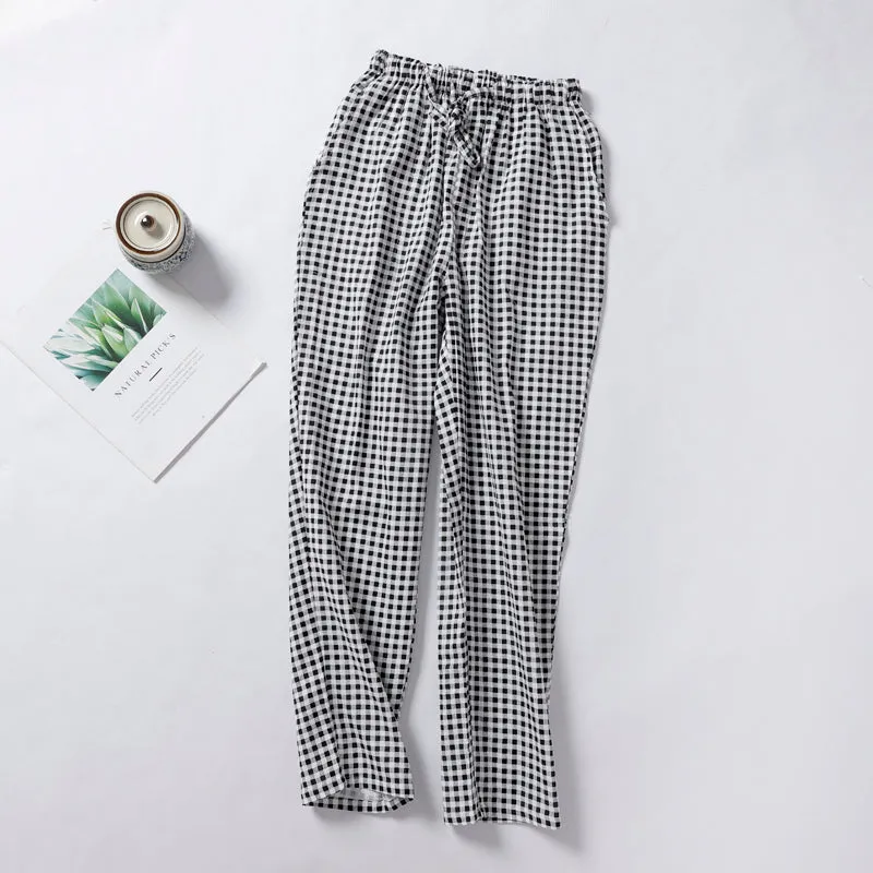 VenusFox Summer/Autumn Couples Plaid Pants Women/Men Sleepwear Cotton Double Gauze Thin Sleep Bottoms Casual Women's Pajamas Home Clothes