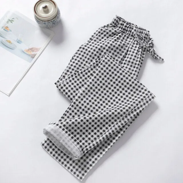 VenusFox Summer/Autumn Couples Plaid Pants Women/Men Sleepwear Cotton Double Gauze Thin Sleep Bottoms Casual Women's Pajamas Home Clothes