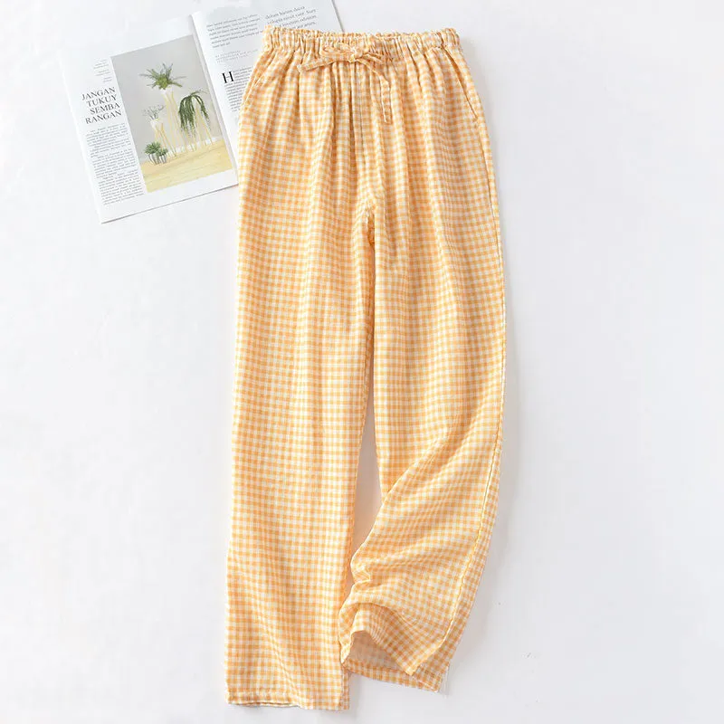 VenusFox Summer/Autumn Couples Plaid Pants Women/Men Sleepwear Cotton Double Gauze Thin Sleep Bottoms Casual Women's Pajamas Home Clothes