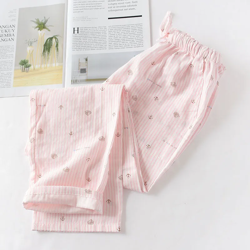 VenusFox Summer/Autumn Couples Plaid Pants Women/Men Sleepwear Cotton Double Gauze Thin Sleep Bottoms Casual Women's Pajamas Home Clothes