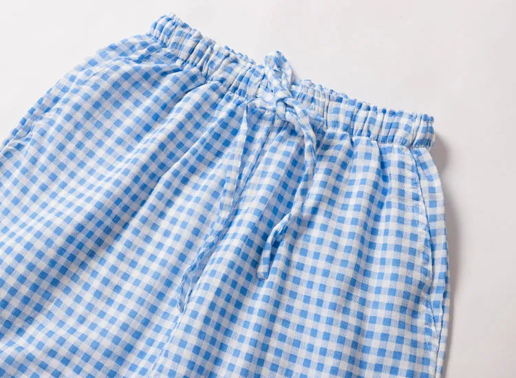 VenusFox Summer/Autumn Couples Plaid Pants Women/Men Sleepwear Cotton Double Gauze Thin Sleep Bottoms Casual Women's Pajamas Home Clothes