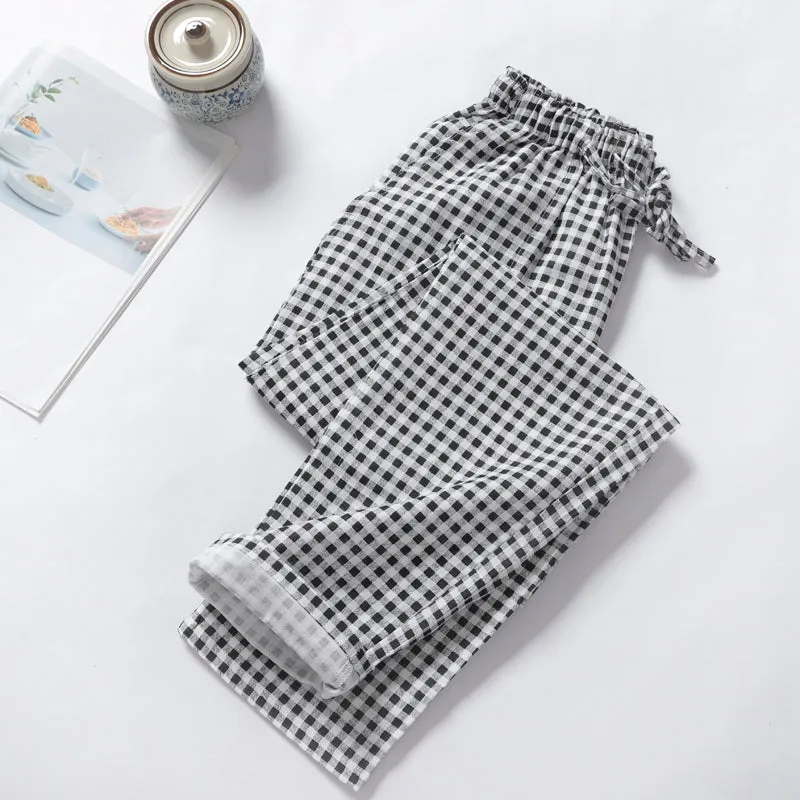 VenusFox Summer/Autumn Couples Plaid Pants Women/Men Sleepwear Cotton Double Gauze Thin Sleep Bottoms Casual Women's Pajamas Home Clothes