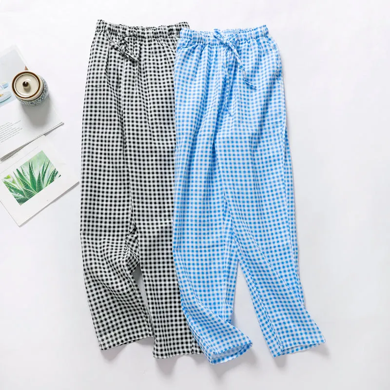 VenusFox Summer/Autumn Couples Plaid Pants Women/Men Sleepwear Cotton Double Gauze Thin Sleep Bottoms Casual Women's Pajamas Home Clothes