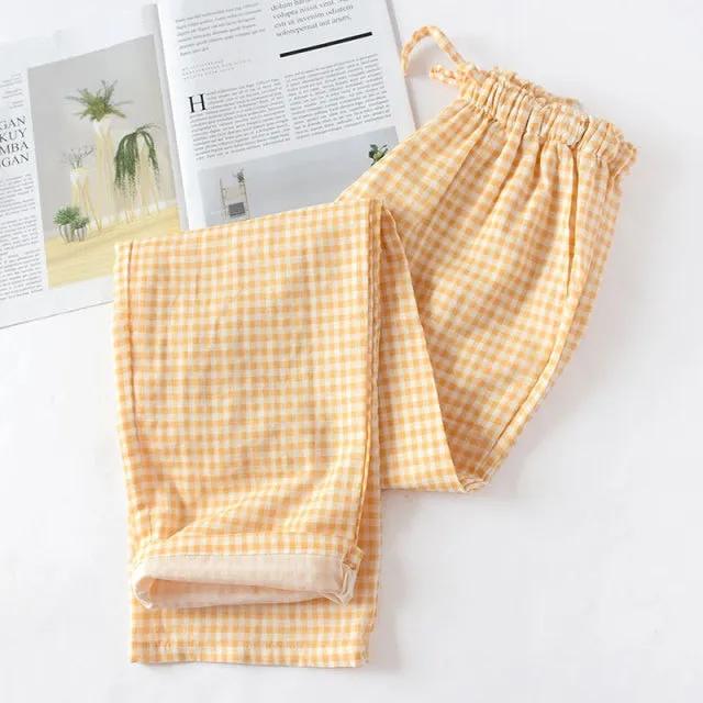 VenusFox Summer/Autumn Couples Plaid Pants Women/Men Sleepwear Cotton Double Gauze Thin Sleep Bottoms Casual Women's Pajamas Home Clothes