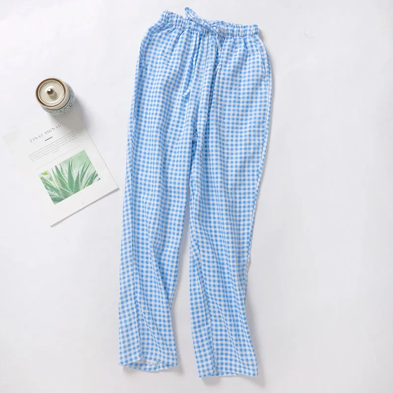 VenusFox Summer/Autumn Couples Plaid Pants Women/Men Sleepwear Cotton Double Gauze Thin Sleep Bottoms Casual Women's Pajamas Home Clothes