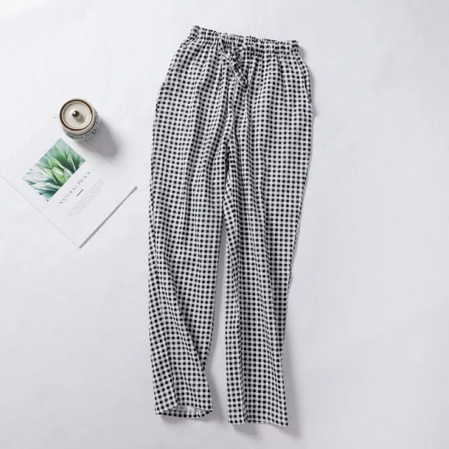 VenusFox Summer/Autumn Couples Plaid Pants Women/Men Sleepwear Cotton Double Gauze Thin Sleep Bottoms Casual Women's Pajamas Home Clothes