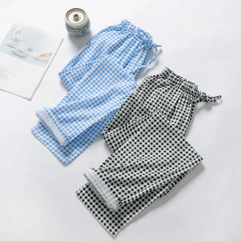 VenusFox Summer/Autumn Couples Plaid Pants Women/Men Sleepwear Cotton Double Gauze Thin Sleep Bottoms Casual Women's Pajamas Home Clothes